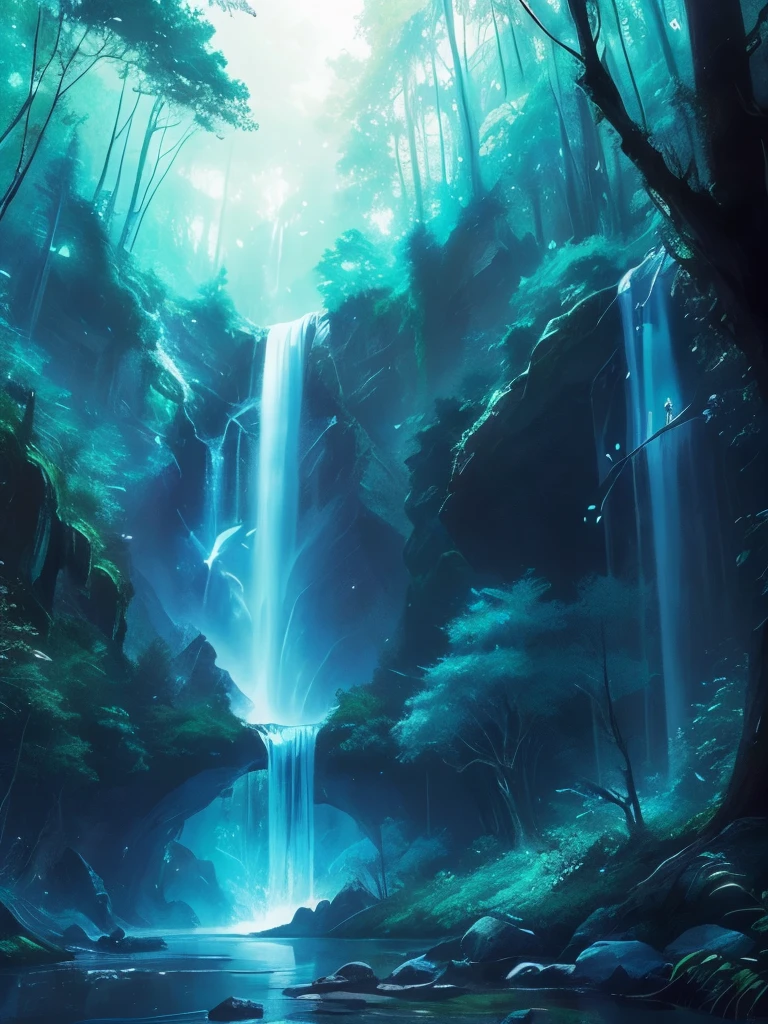 a waterfall in the middle of a forest with lots of butterflies flying around, concept art by Yang J, trending on cgsociety, fantasy art, 🌺 cgsociety, ross tran. scenic background, magical environment, lost in a dreamy fairy landscape, very magical and dreamy, magical fantasy forest, magical background, magical forest with fireflies, magic fairy forest, beautiful anime scene