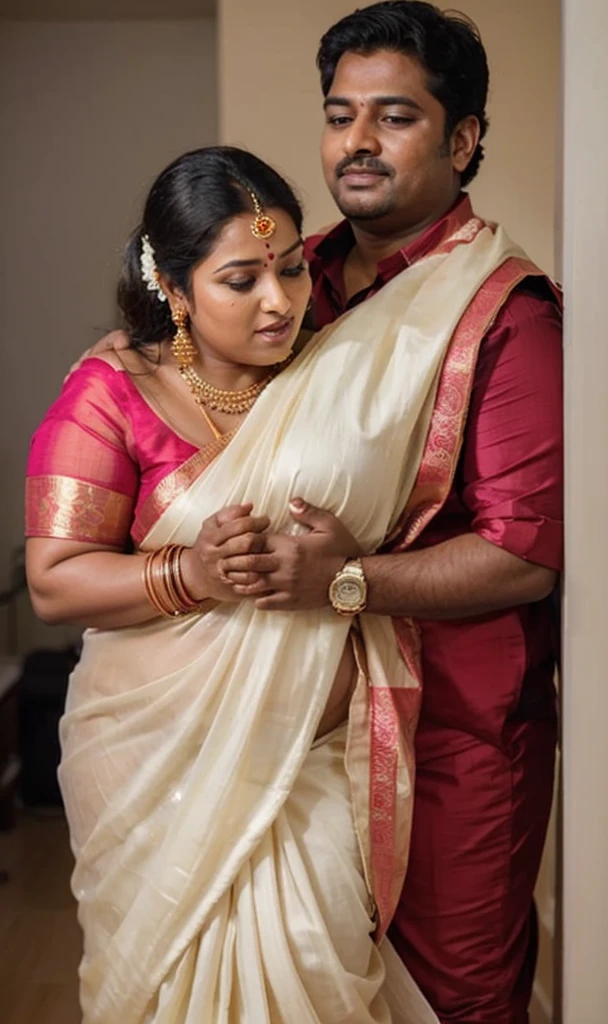 A radiant, full-figured South Indian 45 year old bride ( surrounded by a group of men)wearing a transparent cream colour silky saree standing in a living room, , captured in a full-body image with vibrant hues and meticulous details. Full body image