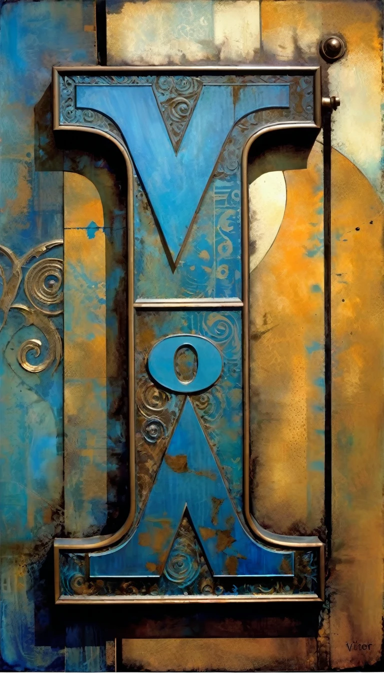 rusty blue sign with text: "VICTOR", metallic blue letters, (Dave Mckean inspired art, intricate details, oil painting)