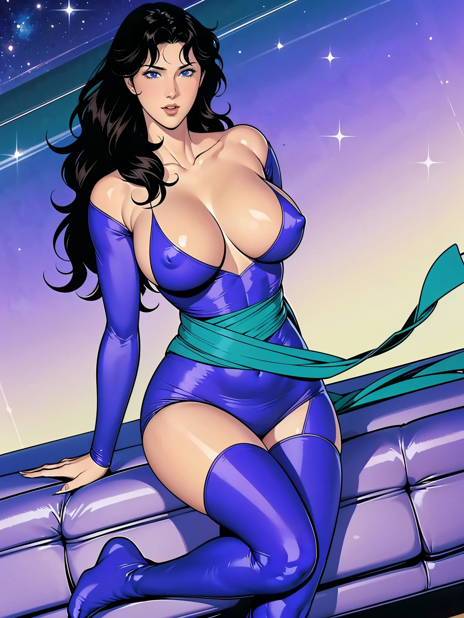 (masterpiece:1.2, Highest quality,Highest quality),(Very detailed),8K,wallpaper,Studio Lighting,Ultra-fine painting,Narrow your focus,Physically Based Rendering,1 female,Beautiful Skin,Shiny skin,Beautiful Hands,Detailed hand drawing,(Shiny costumes),(Wearing a belt around his waist),Sensual,(Hair blowing in the wind),((Night sky and shooting stars)),(((RuiKisugi,1 Female, Long Hair,Wavy Hair,Black Hair,eyelash,blue eyes,lipstick, Purple bodysuit,Off the shoulder, Green sash))),(((Better Hands))),Large Breasts，Big Hips,Thick thighs,(Long legs:1.2),Cleavage,Mature Woman, Hip Up,Abdominal muscles,((Large Breasts:1.4))、Tight waist,Voluptuous body line,Beautiful legs,Beautiful feet,Long legs,Photograph the whole body,Beautiful feet,Long legs,Thighs open,Nipples visible,The areola is protruding，Voluminous lower body,Thick thighs,Big Ass, Big sexy ass, Perfect Body Proportions, Slim waist, Full body photography, 赤いlipstick, Sitting on sofa with legs spread,(Rope Bondage:1.2),((Put your arms behind your back)),Tied up woman,Tied up with rope, Tightly bound, Hands tied, Her body was tied with ropes,