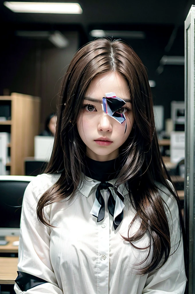 in office, long brown hair, wearing a white blouse, black walls, serious atmosphere, masterpiece