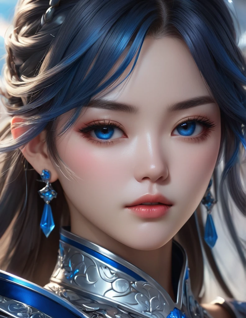 quality(8k wallpaper of extremely detailed CG unit, ​masterpiece, hight resolution, top-quality, top-quality real texture skin,hyper realisitic, digitial painting,increase the resolution,RAW photos，best qualtiy,highly detailed,the wallpaper),BREAK,8K, half face, a close up of a woman in a silver and blue dress, chengwei pan on artstation, by Yang J, detailed fantasy art, stunning character art, fanart best artstation, epic exquisite character art, beautiful armor, extremely detailed artgerm, detailed digital anime art, artgerm on artstation pixiv, armor girl, Chibi 