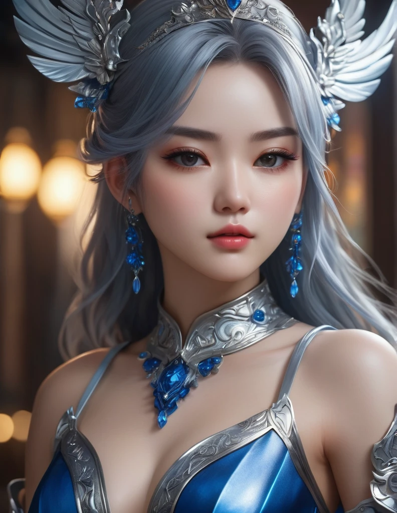 quality(8k wallpaper of extremely detailed CG unit, ​masterpiece, hight resolution, top-quality, top-quality real texture skin,hyper realisitic, digitial painting,increase the resolution,RAW photos，best qualtiy,highly detailed,the wallpaper),BREAK,8K, half face, a close up of a woman in a silver and blue dress, chengwei pan on artstation, by Yang J, detailed fantasy art, stunning character art, fanart best artstation, epic exquisite character art, beautiful armor, extremely detailed artgerm, detailed digital anime art, artgerm on artstation pixiv, armor girl, Chibi 