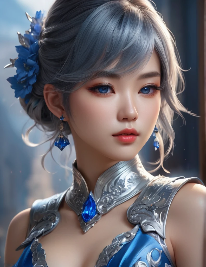 quality(8k wallpaper of extremely detailed CG unit, masterpiece, hight resolution, top-quality, top-quality real texture skin,hyper realisitic, digitial painting,increase the resolution,RAW photos,best qualtiy,highly detailed,the wallpaper),BREAK,8K, half face, a close up of a woman in a silver and blue dress, chengwei pan on artstation, by Yang J, detailed fantasy art, stunning character art, fanart best artstation, epic exquisite character art, beautiful armor, extremely detailed artgerm, detailed digital anime art, artgerm on artstation pixiv, armor girl, Chibi