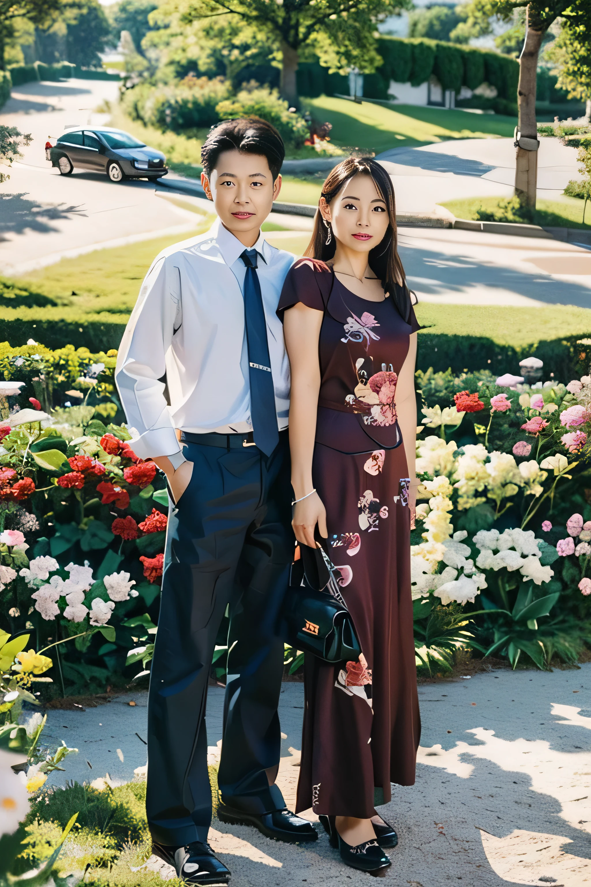 Highly realistic photo, ((masterpiece), (best quality), (raw photo), (photorealistic:1.4), This is a photo of a middle-aged couple posing together in front of a picturesque background. The man wore a white shirt with a dark tie and black pants, while the woman wore a maroon dress with floral decorations. She is holding a small handbag in her left hand. Standing on green grass, the backdrop depicts a serene outdoor scene with greenery, trees, a car in the background and a garden with blooming flowers, creating an idyllic and romantic, photo taken by Sony A7IV
