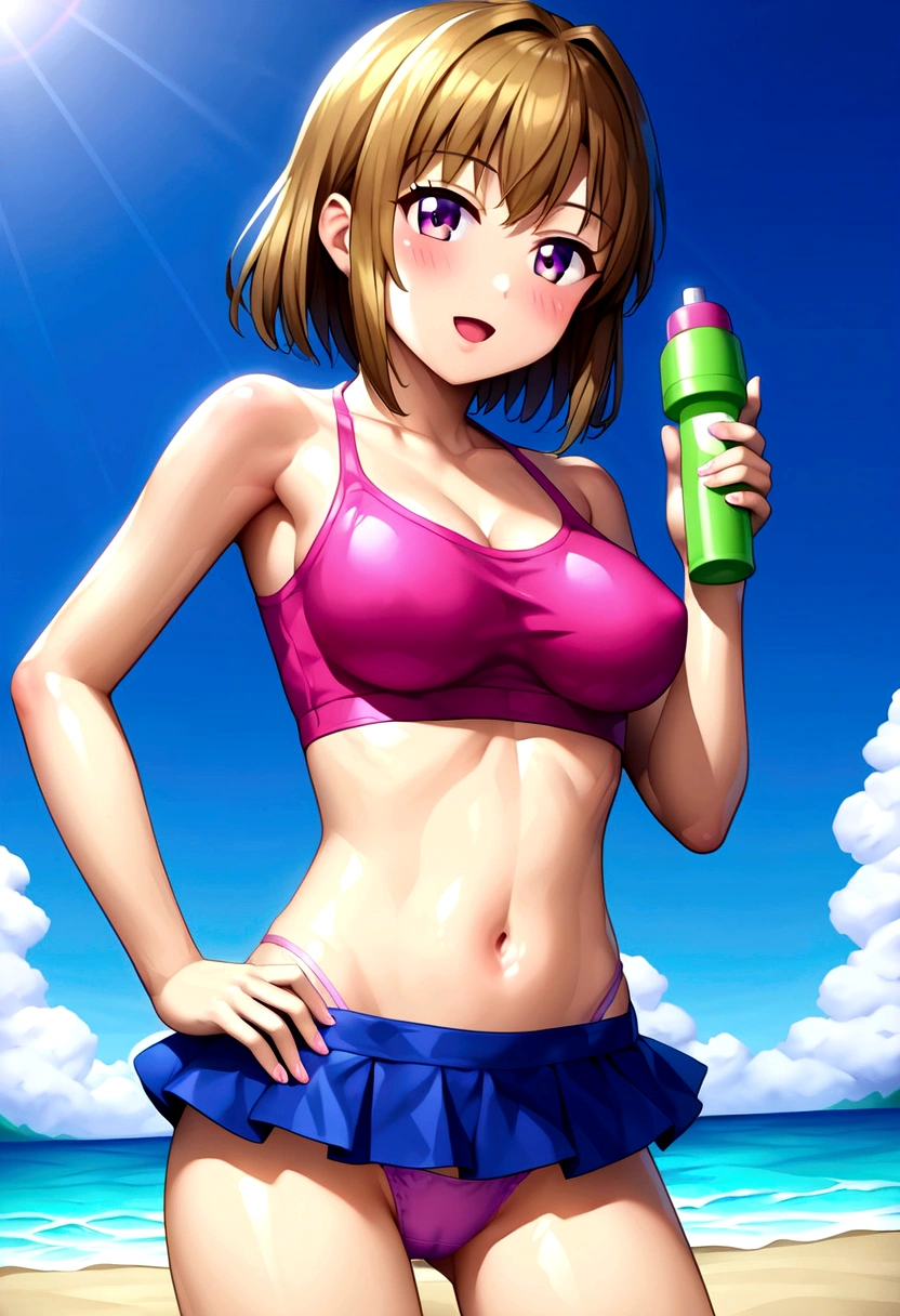 (masterpiece, best quality:1.2), (1girl, solo), (High quality:1.4), (High detailed:1.2), Sakimi-chan, a european girl with 18 years old, (micro-skirt, crop top, M panties), (()), (beach scene),