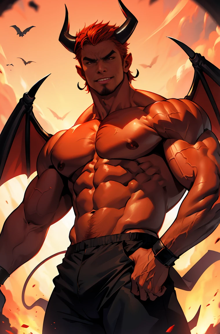 Demon, musculous body, absurdly tall body, hot male demon, red skin, Devil, demon horns, hot 