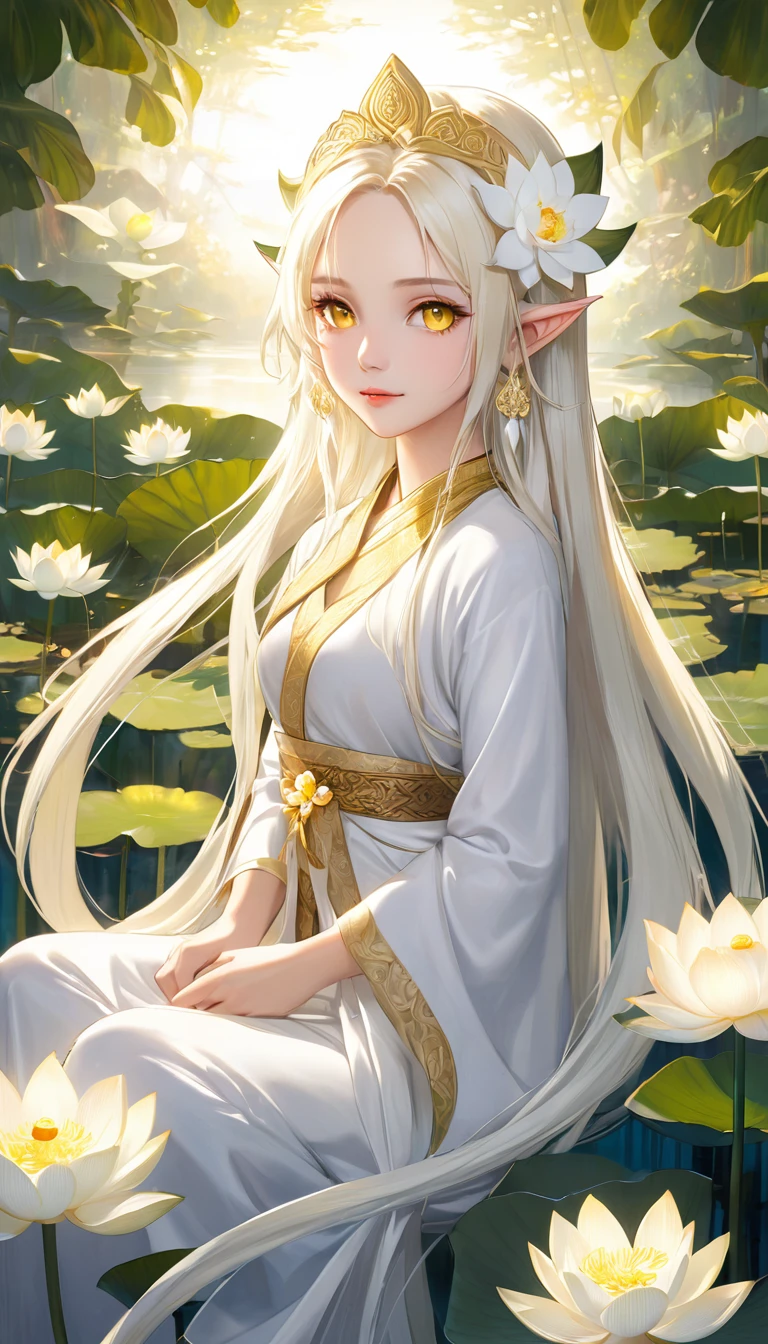 woman, white god, bright white blonde hair, bright yellow eyes, The longest hair, White lotus flower, elf ears, white light princess, Thai dress