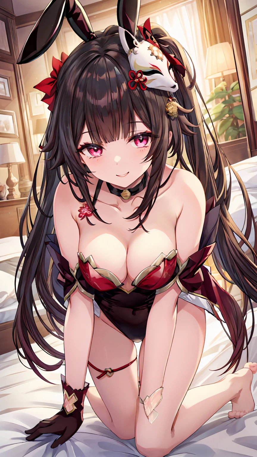 sparklehsr, mask on head, choker, single glove, bracelet, thigh strap break (lack playboy bunny, overexplosure:1.3), barefoot, barefoot, (on all fours:1.5), Half-closed eyes, (On the bed:1.4) break looking at viewer, (Cowboy Shot:1.5), smile,下から構figure, Thighs, セクシー break (masterpiece:1.2), Highest quality, High resolution, unity 8k wallpaper, (figure:0.8), (美しいFine grain:1.6), Highly detailed face, Perfect lighting, Highly detailed CG, (Perfect hands, Perfect Anatomy) break ((masterpiece,Highest quality)), Super detailed, Shine, Shine光, Ray Tracing, (Perfect Face, Detailed face, Fine grain, Perfect hands, Perfect Fingers:1.5), HD, Super cute face, Highest quality, Super detailed break Shine目, (Highest qualityの写実的なイラスト), (Super fine), (Cute illustrations:1.3), (High chroma:1.3),, Beautiful detailed face and eyes, Dynamic lighting, (Very delicate and beautiful) break (Nice hands), (Perfect hands:1.4), Highly detailed illustration, Super cute and beautiful, Highest quality, slender, ,,