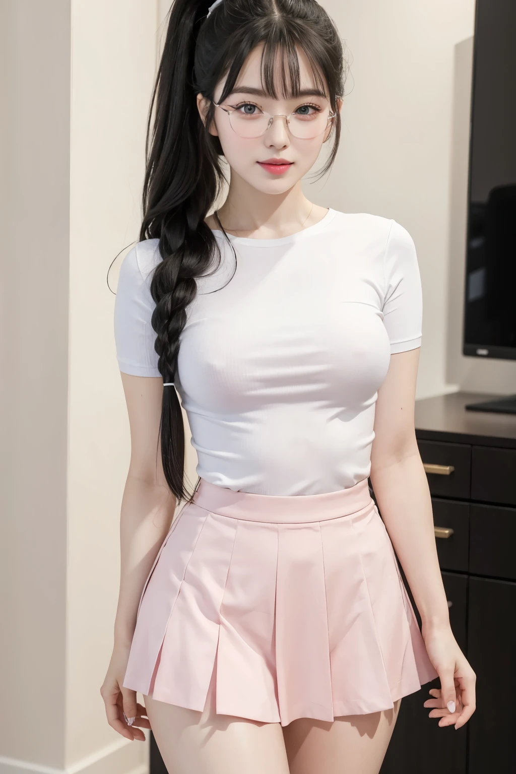 ((best quality)), ((masterpiece)), (detailed), 1girl, RAW, 4k, hd images, 1girl, white skin, long hair, ponytail, layers hair, bangs, black hair, beautiful girl, cute girl, pretty girl,perfect girl, pretty eyes, blue eyes, thin lips, pink lips, thin, perfect , potrait, glasses, sweet smile, , office white shirt, black mini skirt span, thigh, full body