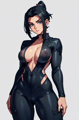 black hair girl wearing a grey see-through jumpsuit. Muscular with small nipples. ABS. Hairestyle undercut,  She has a very large cameltoe. No headgear. No hat. Big cleavage. Blue eyes