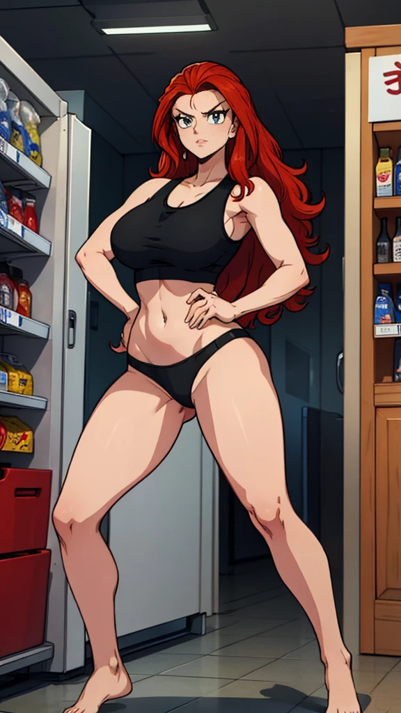 Masterpiece, best quality, Masterpiece, best quality, 1 woman, wavy red hair, sly face , black tank top, black panties , big breasts , Put your hands on your hips.... , Barefoot , convenience store