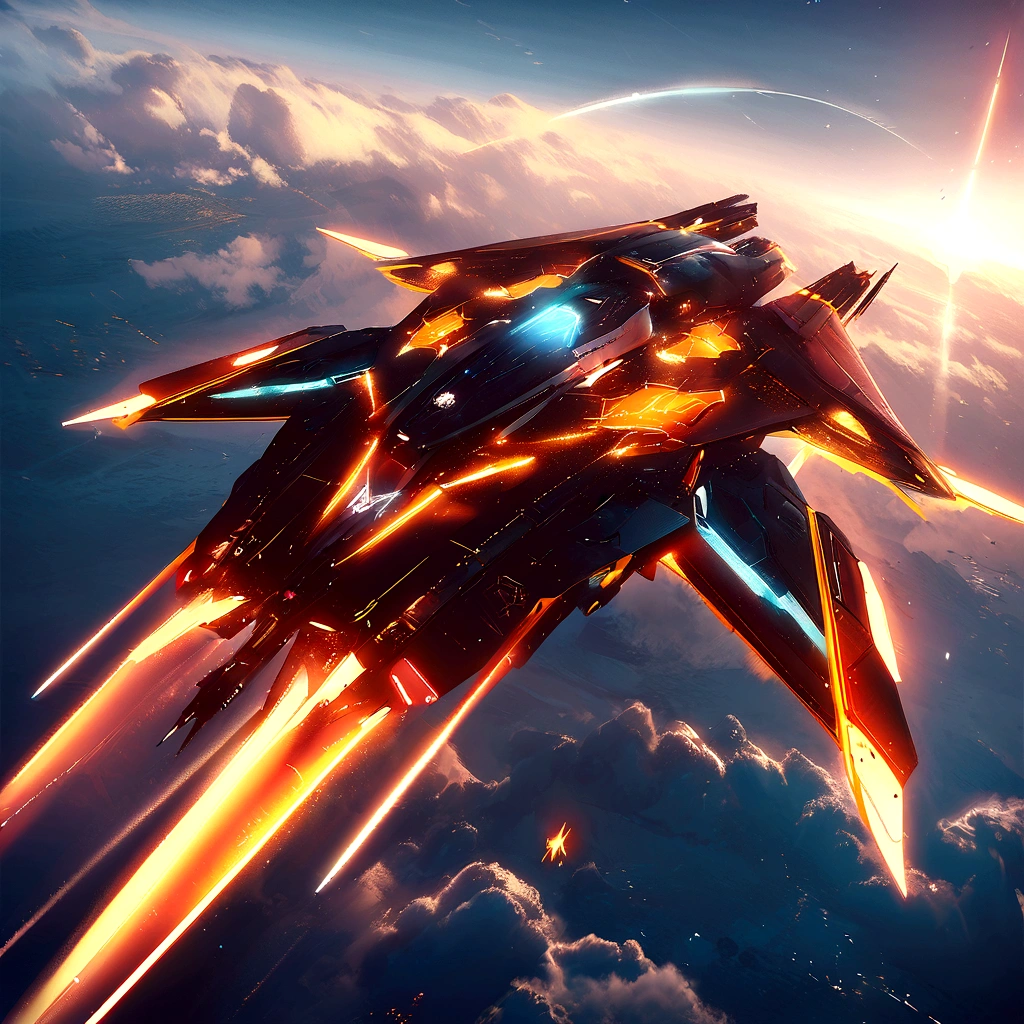spaceship flying over the clouds in the sky with a bright light, star citizen digital art, sparth style, macross, star citizen, inspired by sparth, star citizen concept art, star citizen halo, macross franchise, by sparth, star citizen origin 100i, sci-fi space game art, spaceship flies in the distance