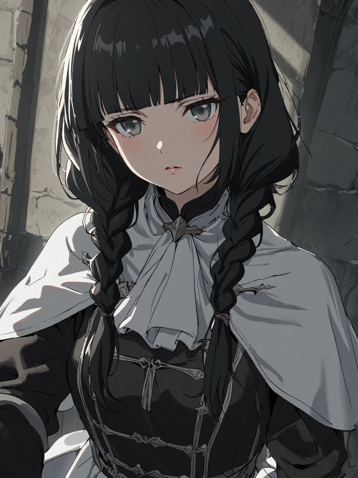 {{upper body}} {{Artist: sincos}} 1girl, solo, 1girl, black coat, grey eyes, blunt bangs, expressionless, parted lips, long black hair, long juliet sleeves, twin braids, solo, gloomy, ascot, capelet, intrincate detail, white pants, white gloves, half-gloves, plume, coat, lips, fencer, medium breasts, lips, adult woman, pov, medieval fantasy.