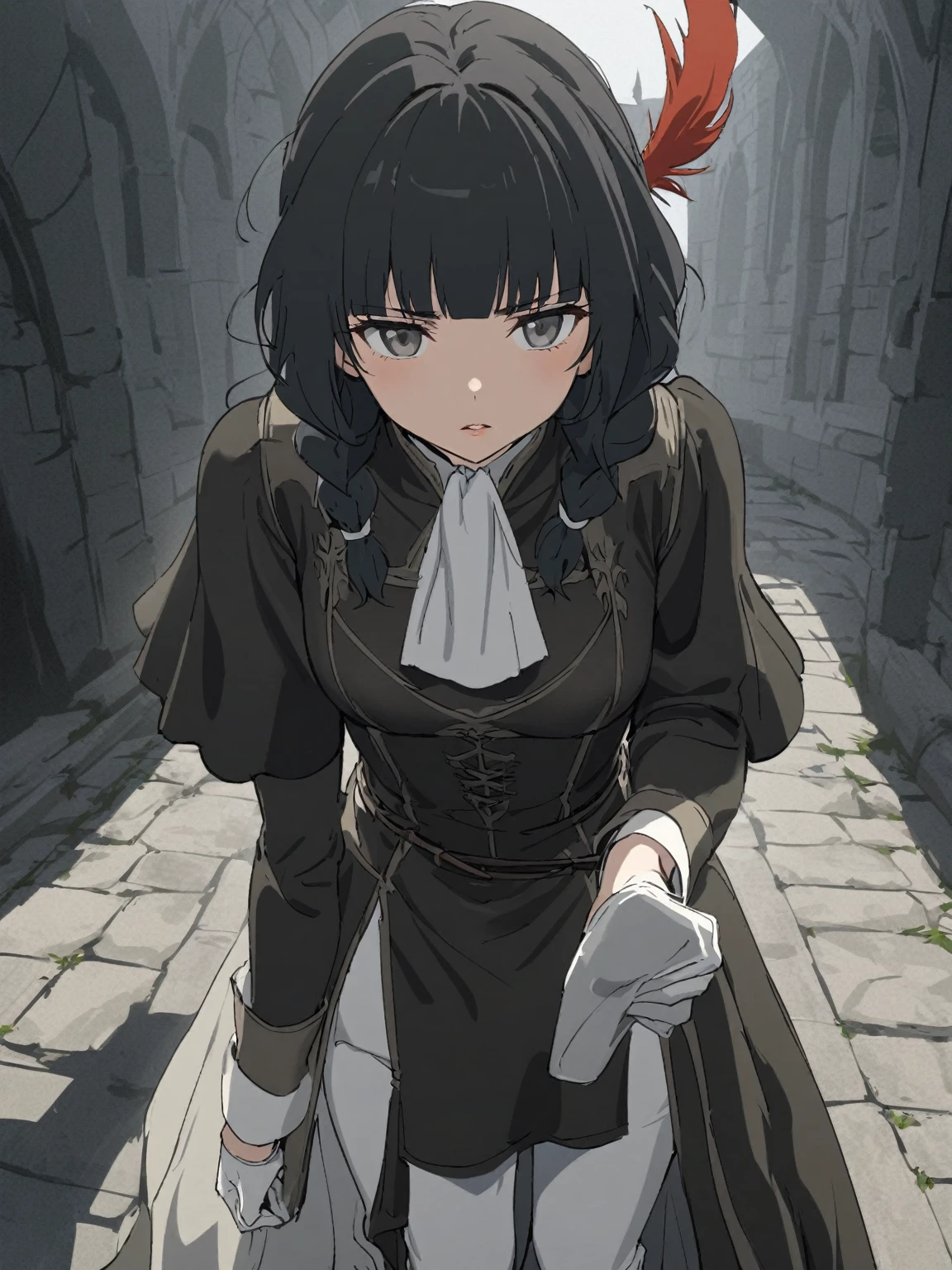 {{upper body}} {{Artist: sincos}} 1girl, solo, 1girl, black coat, grey eyes, blunt bangs, expressionless, parted lips, long black hair, long juliet sleeves, twin braids, solo, gloomy, ascot, capelet, intrincate detail, white pants, white gloves, half-gloves, plume, coat, lips, fencer, medium breasts, lips, adult woman, pov, medieval fantasy.