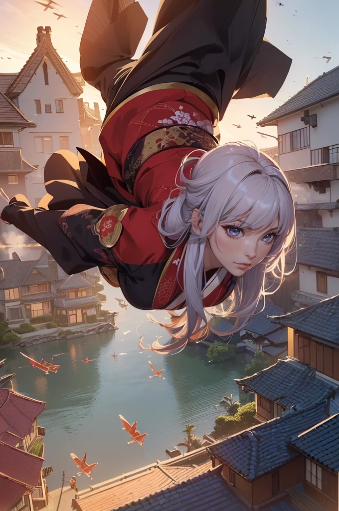 1woman,((((fullbody image)))),red kimono,((((flying)))),(((((flying over houses))))),huge hair,(best quality,4k,8k,highres,masterpiece:1.2),ultra-detailed,(realistic,photorealistic,photo-realistic:1.37),detailed face,beautiful eyes,elegant pose,intricate kimono patterns,flowing hair,dramatic lighting,cinematic composition,vibrant colors,fantasy,digital art