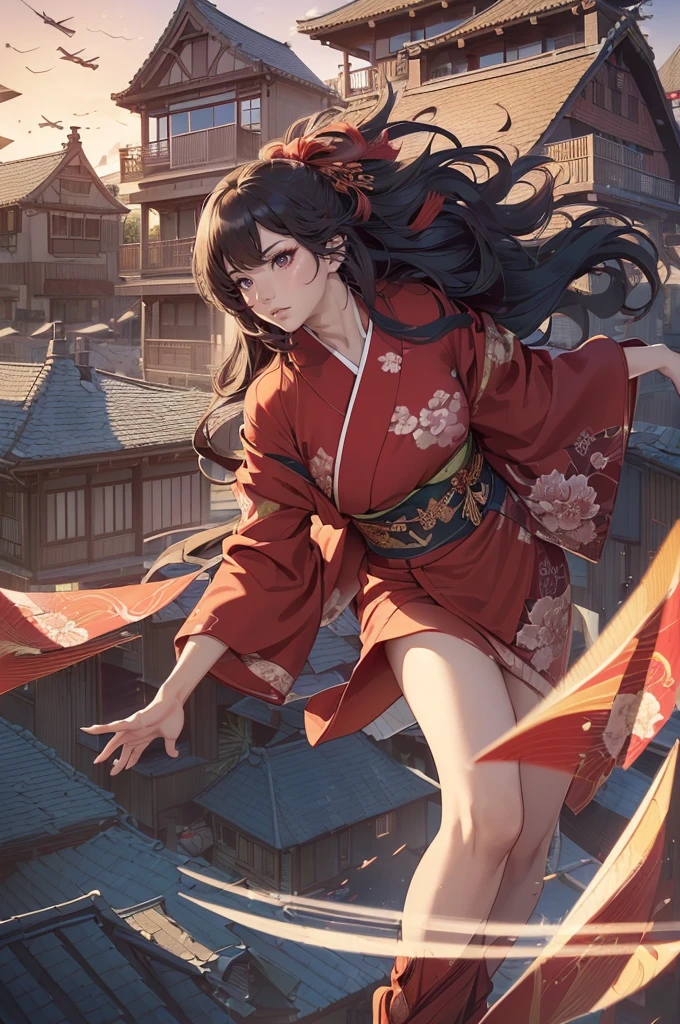 1woman,((((fullbody image)))),red kimono,((((flying)))),(((((flying over houses))))),huge hair,(best quality,4k,8k,highres,masterpiece:1.2),ultra-detailed,(realistic,photorealistic,photo-realistic:1.37),detailed face,beautiful eyes,elegant pose,intricate kimono patterns,flowing hair,dramatic lighting,cinematic composition,vibrant colors,fantasy,digital art