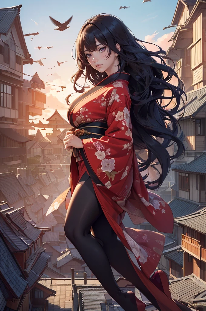 1woman,((((fullbody image)))),red kimono,((((flying)))),(((((flying over houses))))),huge hair,(best quality,4k,8k,highres,masterpiece:1.2),ultra-detailed,(realistic,photorealistic,photo-realistic:1.37),detailed face,beautiful eyes,elegant pose,intricate kimono patterns,flowing hair,dramatic lighting,cinematic composition,vibrant colors,fantasy,digital art