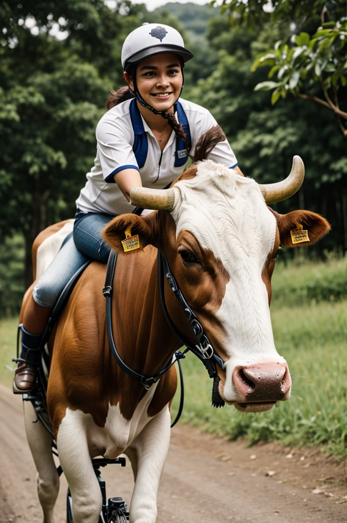 Cow riding a bicycle with a tolima cap
