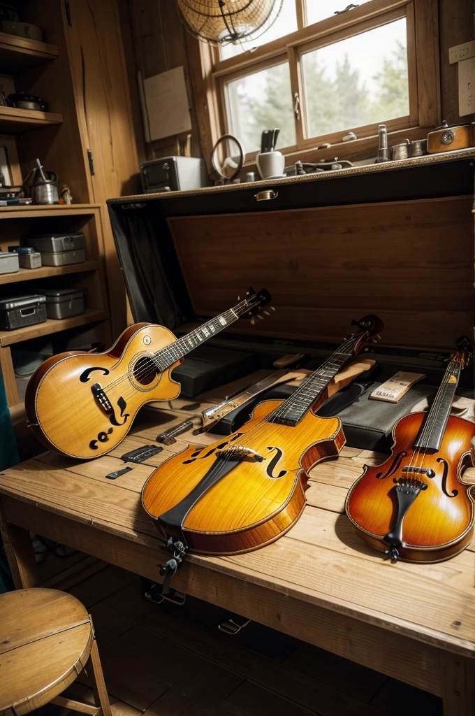 Make a luthiery with many instruments like guitar, violin,, mandolin table with many tools, sign written GARAGEM SONORA guitars