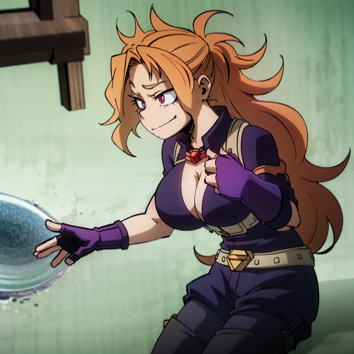 1girl, female focus, boku no hero academia, masterpiece, best quality, very aesthetic, cowboy shot, big breasts, ponytail curly hair, orange hair, dark pink eyes, smirk, red pendant, lavender jaket, dark purple shirt, purple shorts, pantyhose, fingerless gloves, belt, jewelry, spikes, boots 