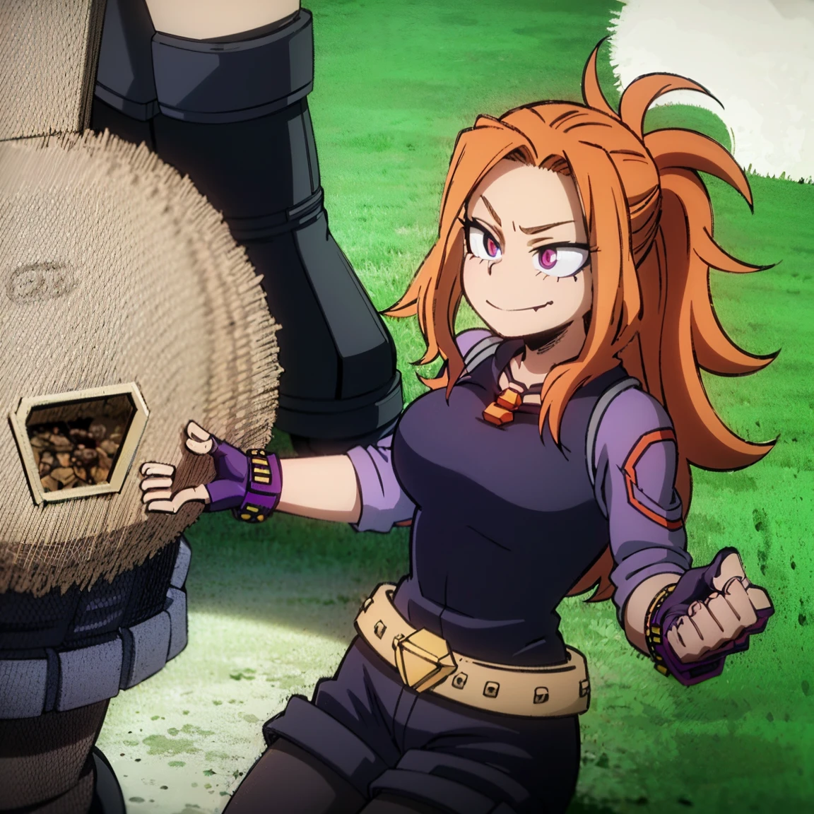 1girl, female focus, boku no hero academia, masterpiece, best quality, very aesthetic, cowboy shot, big breasts, ponytail curly hair, orange hair, dark pink eyes, smirk, red pendant, lavender jaket, dark purple shirt, purple shorts, pantyhose, fingerless gloves, belt, jewelry, spikes, boots
