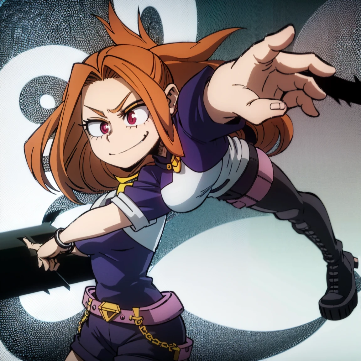 1girl, female focus, boku no hero academia, masterpiece, best quality, very aesthetic, cowboy shot, big breasts, ponytail curly hair, orange hair, dark pink eyes, smirk, red pendant, lavender jaket, dark purple shirt, purple shorts, pantyhose, fingerless gloves, belt, jewelry, spikes, boots 