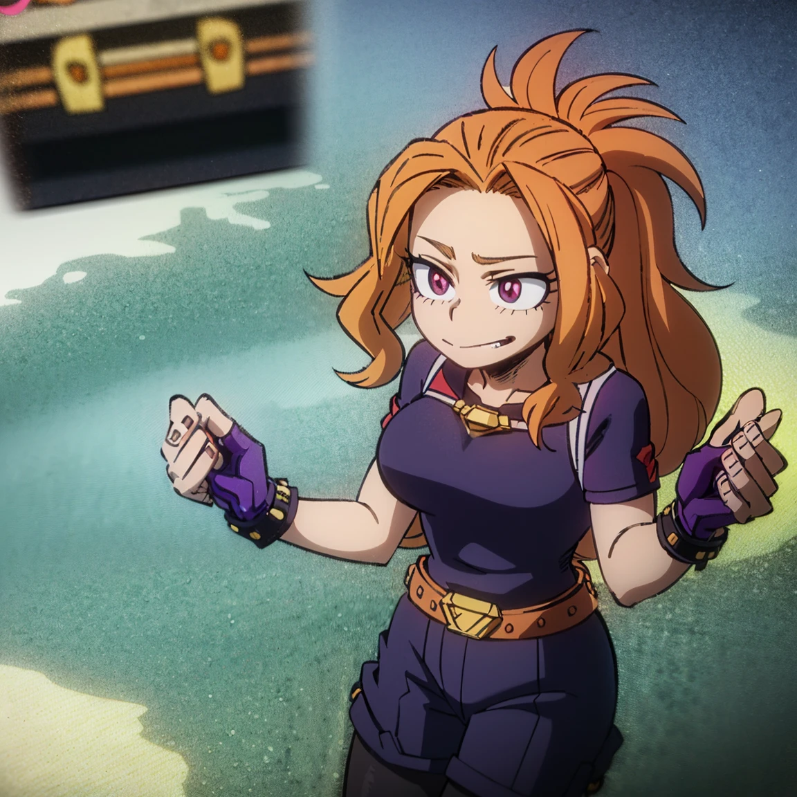 1girl, female focus, boku no hero academia, masterpiece, best quality, very aesthetic, cowboy shot, big breasts, ponytail curly hair, orange hair, dark pink eyes, smirk, red pendant, lavender jaket, dark purple shirt, purple shorts, pantyhose, fingerless gloves, belt, jewelry, spikes, boots 