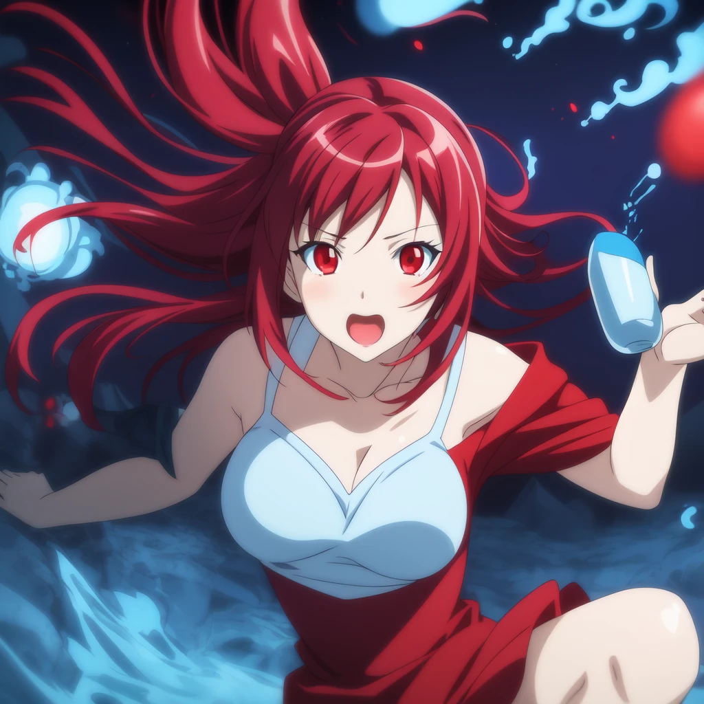 anime style, woman with red eyes, drunk, behind her several blue and red medicine capsules floating, dark image