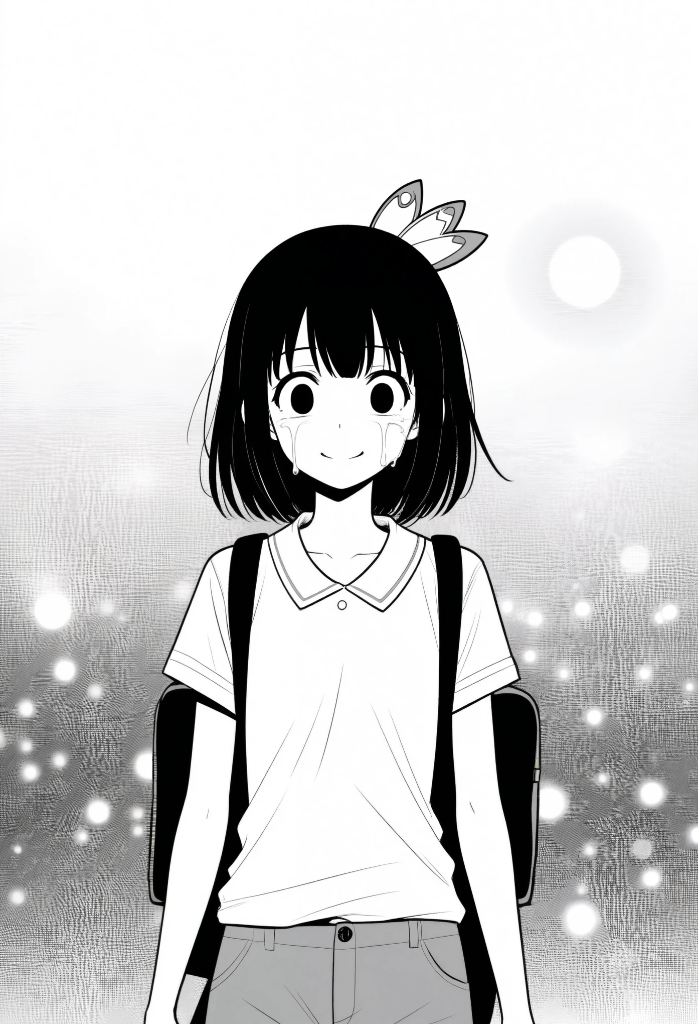 masterpiece, best quality, 1girl, mamerakkkkko, yui_\(princess_connect!)\, greyscale, manga style, japanese, chi no wadachi, black eyes, street, iced, black hair, schoolbag, smile, lineart, white background, white shirt, grey shorts, centered, 18 years old, tall, fair skinned, bokeh background, crying, tears, straight-on, tears streaming