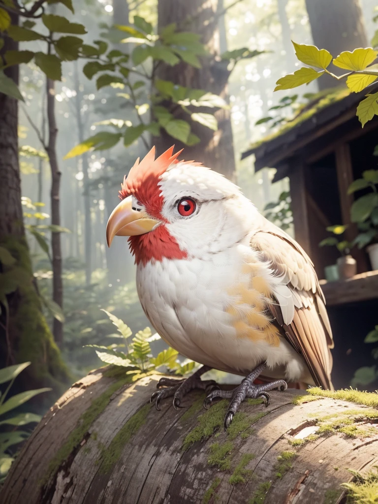 (Highest quality,masterpiece:1.2),Super quality,Red beakを持つアルビノの鳥が木の枝に止まっている,Pet Birds, Watching birds, Cheeky look, birb, Pubic Pose, Intense albinism, Looking away from the camera,Sharp red eyes,Pale yellow beak,Red beak, in the forest,Sunlight filtering through the trees,Soft, diffused natural light,Dreamy atmosphere,Fantastic color palette