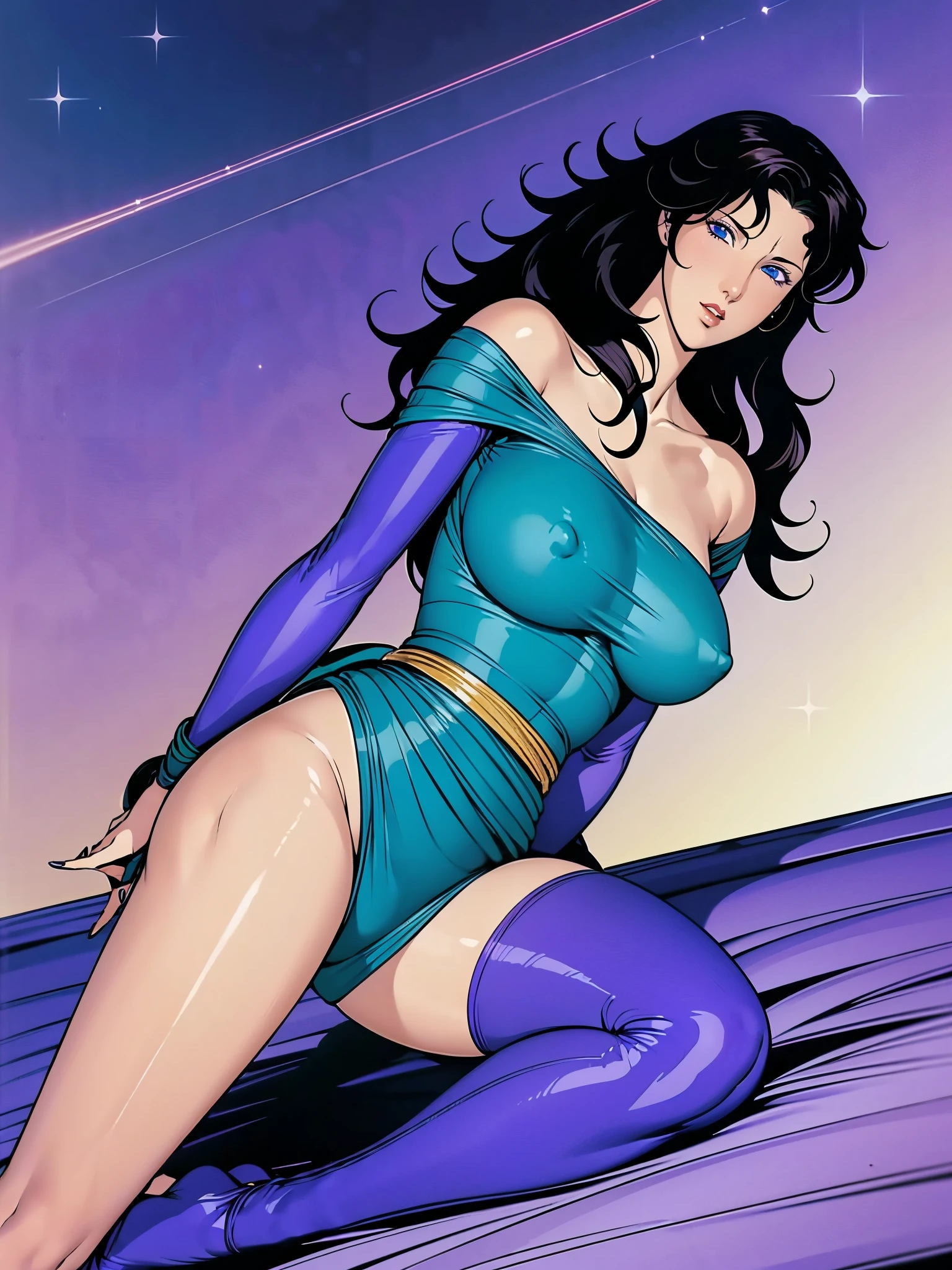 (masterpiece:1.2, Highest quality,Highest quality),(Very detailed),8K,wallpaper,Studio Lighting,Ultra-fine painting,Narrow your focus,Physically Based Rendering,1 female,Beautiful Skin,Shiny skin,Beautiful Hands,Detailed hand drawing,(Shiny costumes),(Wearing a belt around his waist),Sensual,(Hair blowing in the wind),((Night sky and shooting stars)),(((RuiKisugi,1 Female, Long Hair,Wavy Hair,Black Hair,eyelash,blue eyes,lipstick, Purple bodysuit,Off the shoulder, Green sash))),(((Better Hands))),Large Breasts,Big Hips,Thick thighs,(Long legs:1.2),Cleavage,Mature Woman, Hip Up,Abdominal muscles,((Large Breasts:1.4))、Tight waist,Voluptuous body line,Beautiful legs,Beautiful feet,Long legs,Photograph the whole body,Beautiful feet,Long legs,Thighs open,Nipples visible,The areola is protruding,Voluminous lower body,Thick thighs,Big Ass, Big sexy ass, Perfect Body Proportions, Slim waist, Full body photography, 赤いlipstick, Sitting on sofa with legs spread,(Rope Bondage:1.2),((Put your arms behind your back)),Tied up woman,Tied up with rope, Tightly bound, Hands tied, Her body was tied with ropes,