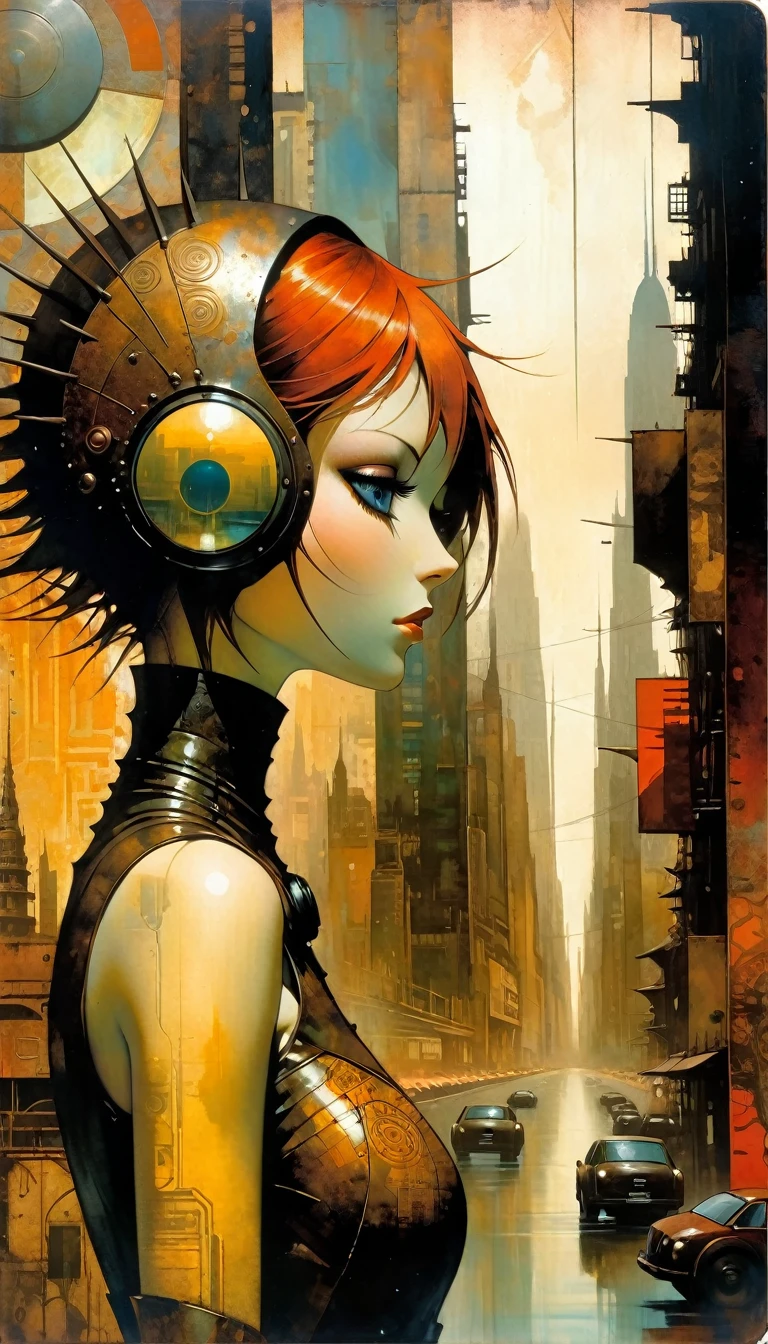 rusty metal advertising sign, behind we see a large futuristic city (Dave Mckean inspired art, intricate details, oil painting)