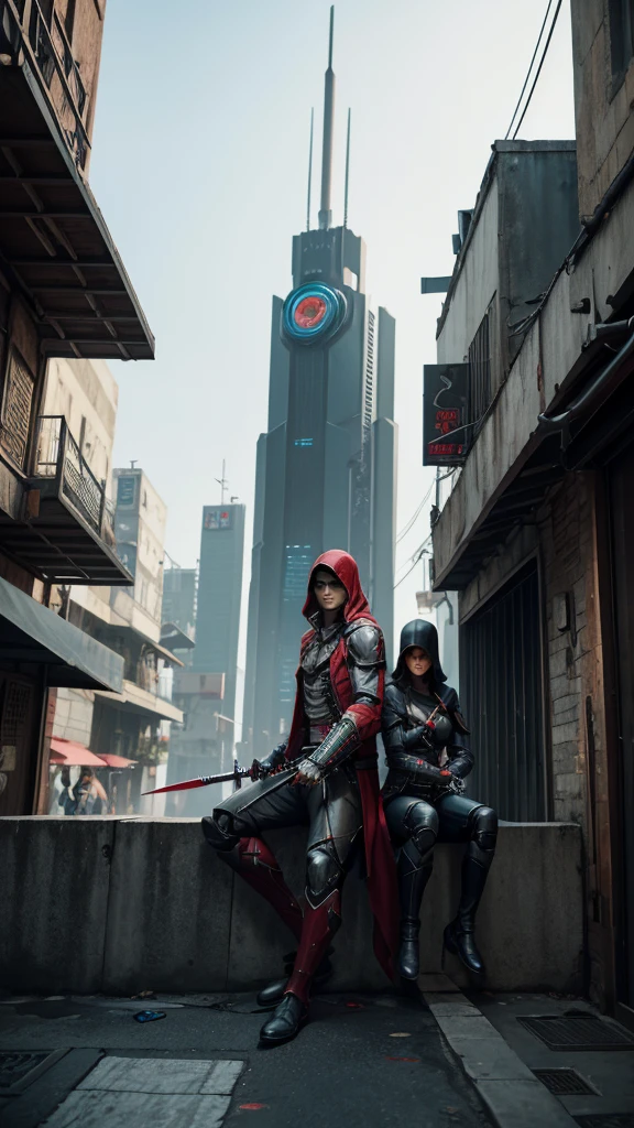 Highly detailed, stylized digital artwork featuring characters from a cyberpunk setting.  The subject is a muscular, busty, light-skinned, hot woman squatting on a rooftop with a cityscape of neon lights and skyscrapers in the background.  The character has intense red eyes, wears a hooded cloak, and is adorned with red and black tactical gear, including fingerless gloves, arm guards, and various straps and buckles.  They had a katana strapped to their backs and their faces were painted in red war paint.  The overall color palette is dominated by dark tones, paired with eye-catching reds, creating a dramatic and strong atmosphere.