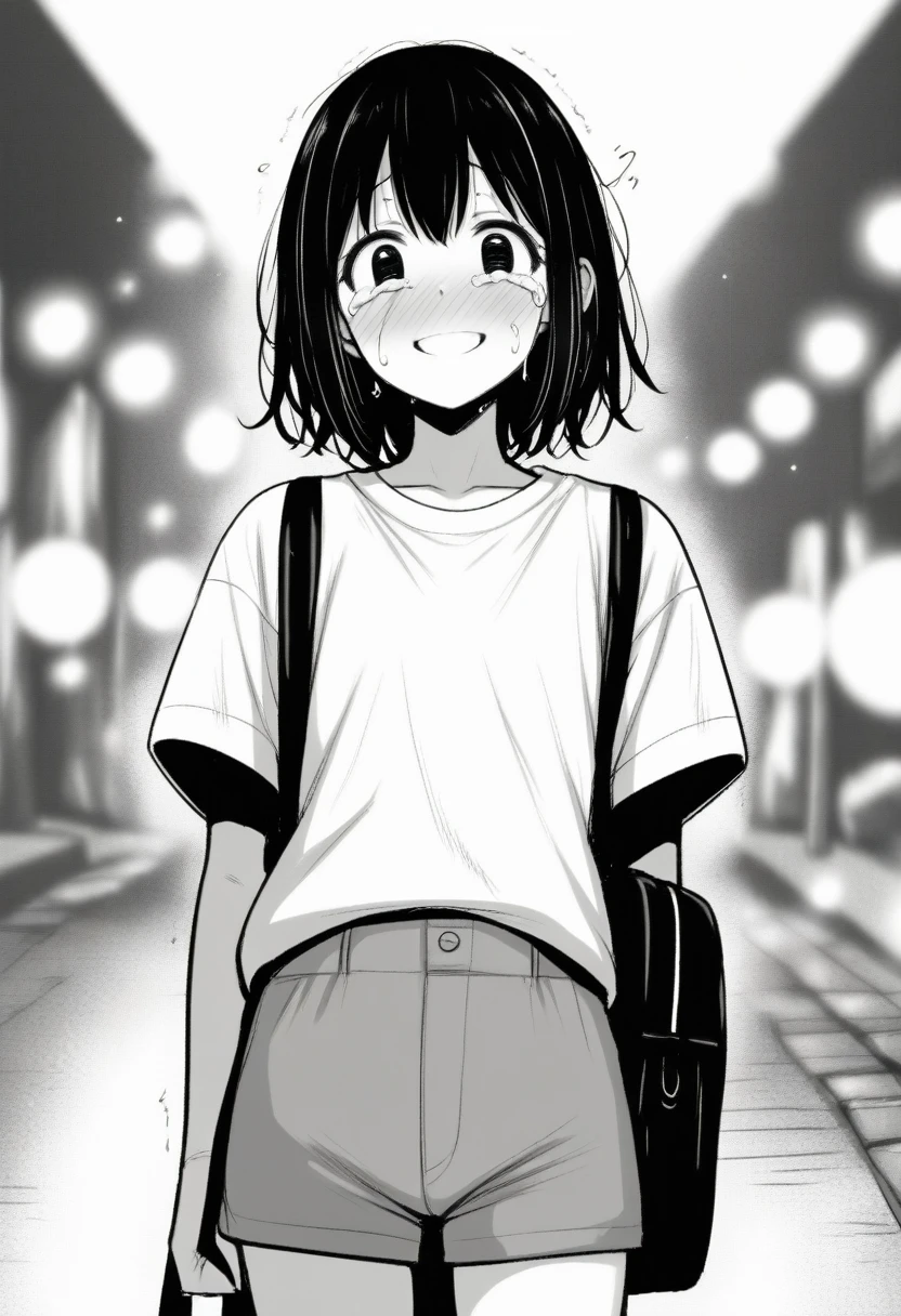 masterpiece, best quality, 1girl, mamerakkkkko, yui_\(princess_connect!)\, greyscale, manga style, japanese, chi no wadachi, black eyes, street, iced, black hair, schoolbag, smile, lineart, white background, white shirt, grey shorts, centered, 18 years old, tall, fair skinned, bokeh background, crying, tears, straight-on, tears streaming
