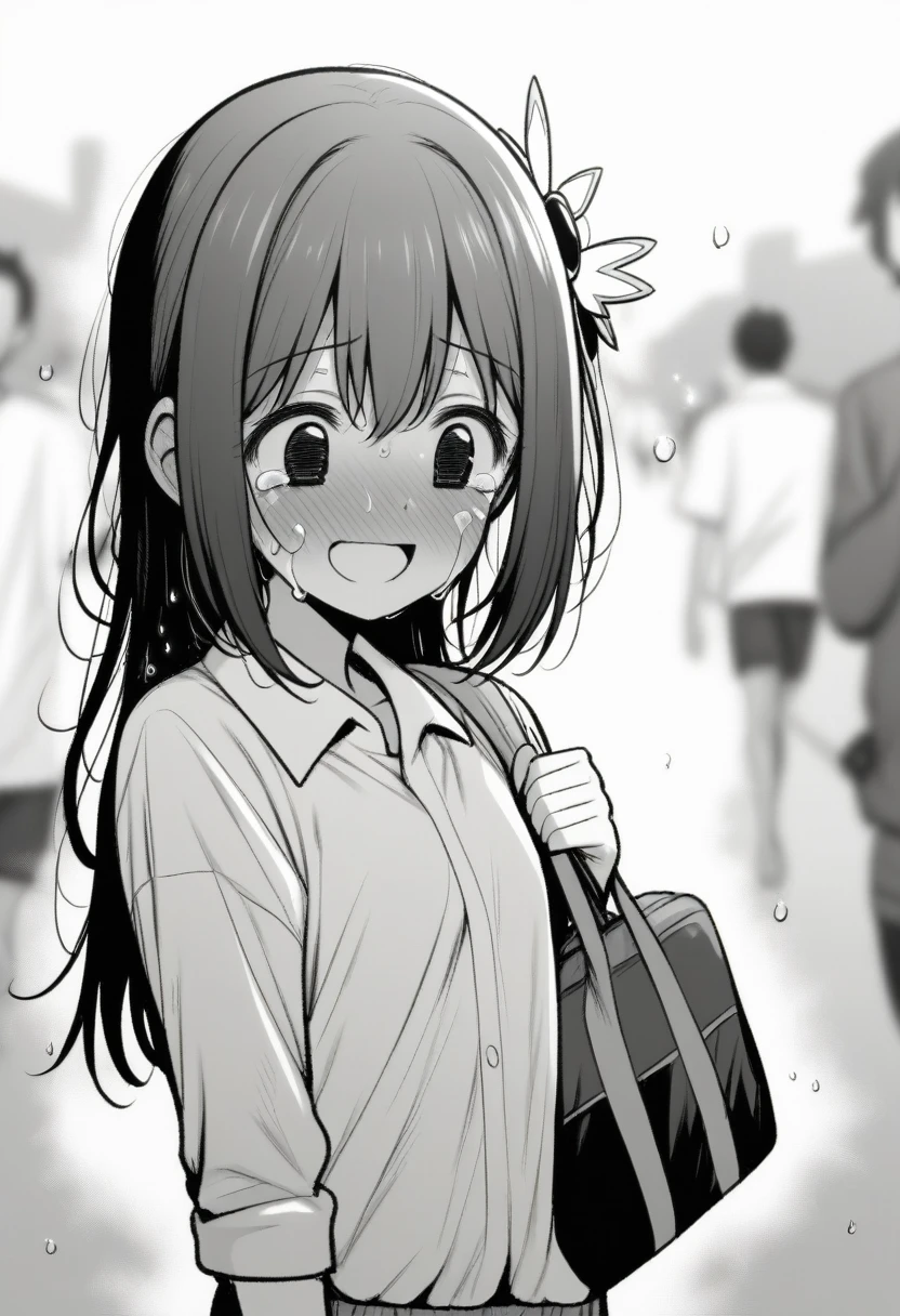 masterpiece, best quality, 1girl, mamerakkkkko, yui_\(princess_connect!)\, greyscale, manga style, japanese, chi no wadachi, black eyes, street, iced, black hair, schoolbag, smile, lineart, white background, white shirt, grey shorts, centered, 18 years old, tall, fair skinned, bokeh background, crying, tears, straight-on, tears streaming