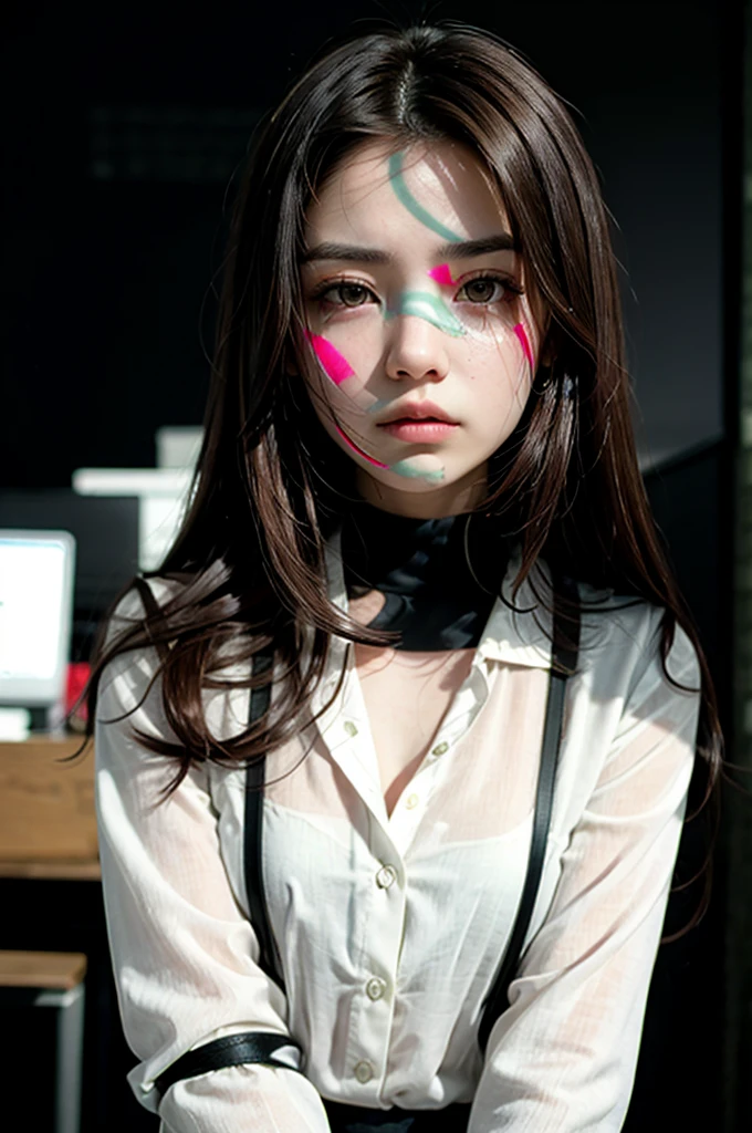 girl with long brown hair, wearing a white blouse, office, black walls, serious atmosphere, masterpiece