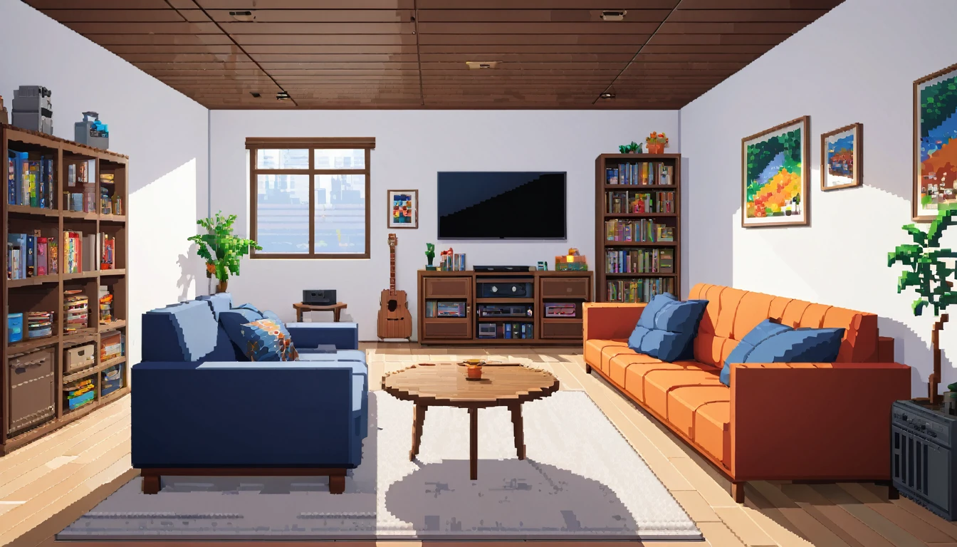 The basement room is decorated in a minimalist modern style with a TV, bookshelf, refrigerator, sofa, pendant lights, a small wooden table, and a carpet in the center, all against white-painted walls, pixel art,HDR,8k,high quality,photorealistic,detailed interior,masterpiece