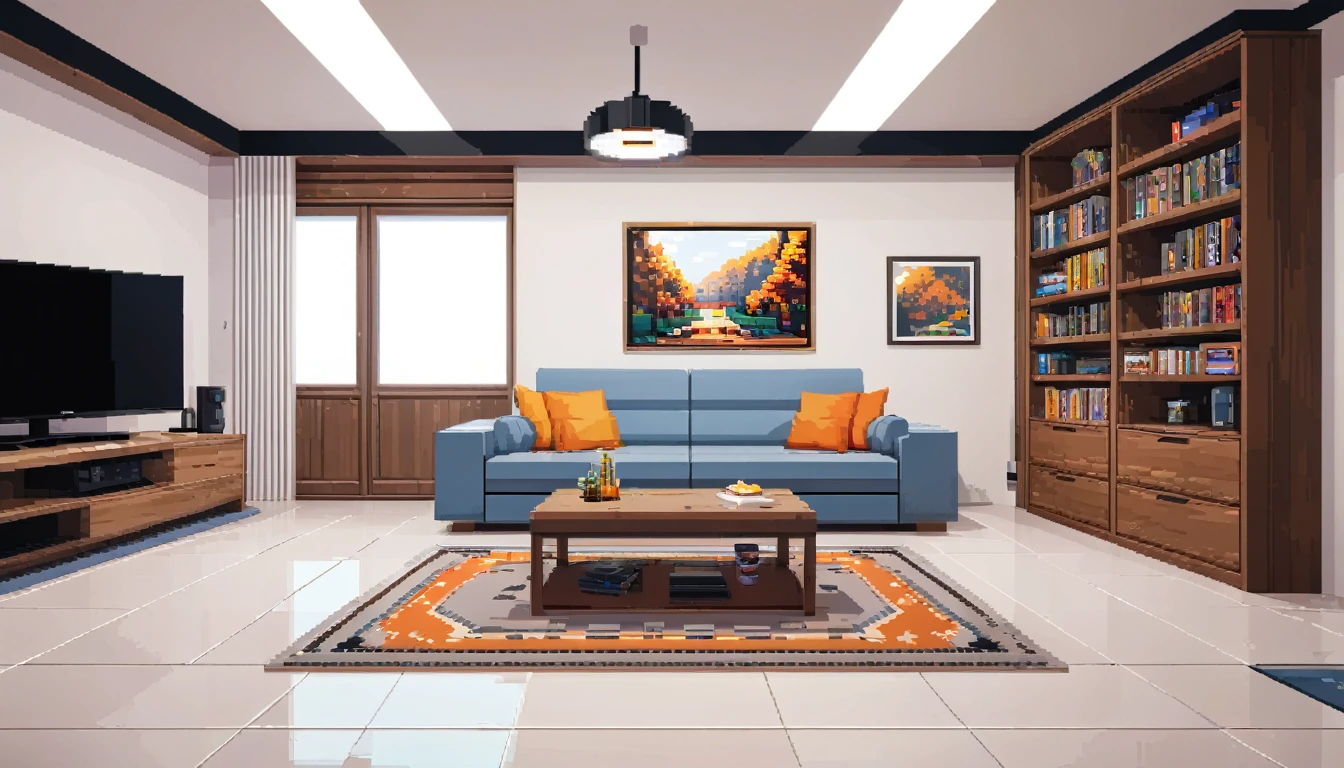 The basement room is decorated in a minimalist modern style with a TV, bookshelf, refrigerator, sofa, pendant lights, a small wooden table, and a carpet in the center, all against white-painted walls, pixel art,HDR,8k,high quality,photorealistic,detailed interior,masterpiece