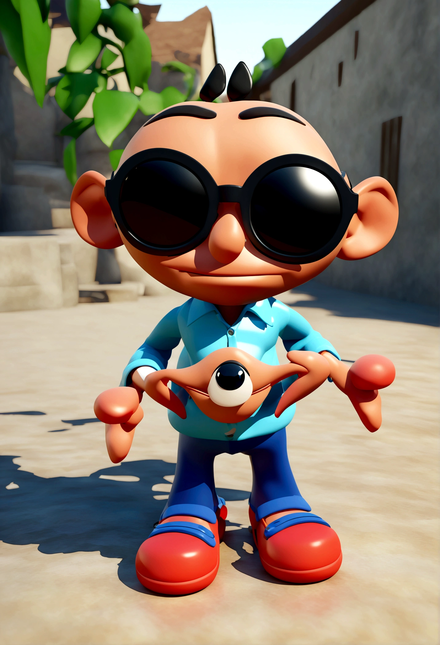 Cartoon character of a man in sunglasses and blue shirt, animation character, stylized character, animation style rendering, 3d stylized, Arnold Maya rendering, Stylized 3D rendering, toon render screenshot, 3d character, 3d character, Stylized 3D rendering, 3D character rendering, cartoon character, Personagem de close up, character posing,  (Pixar-style) (master part:1.2) (bokeh) (best qualityer) (skin detailed) (detailed texture) (8K) (Argilla) (cinematic lighting) (sharp focus