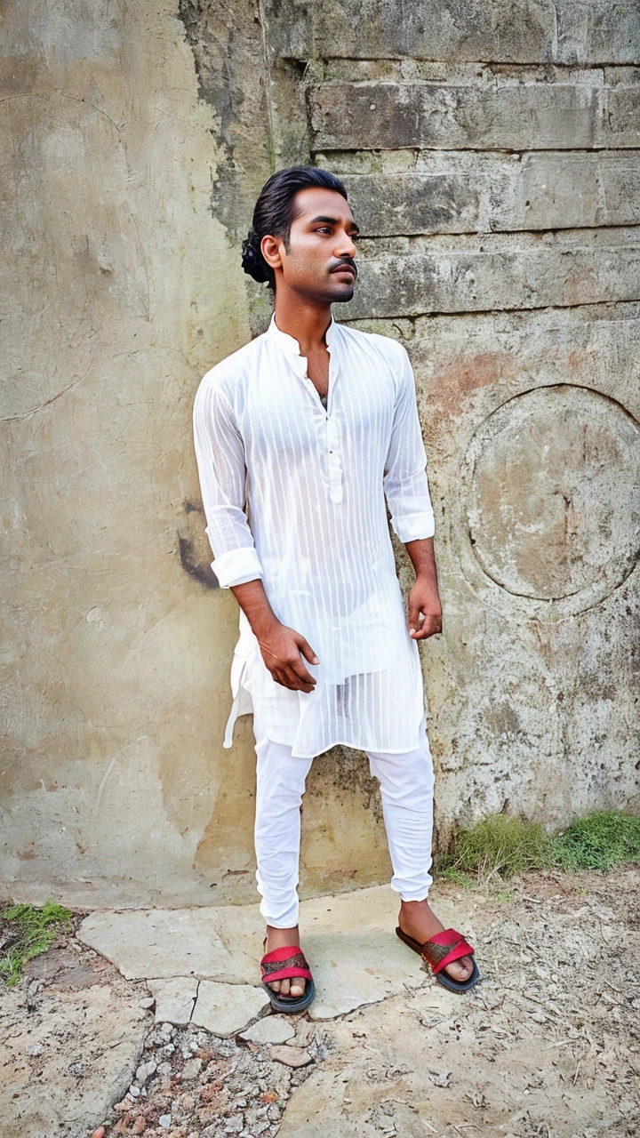 A radiant, full-figured Indian( surrounded by a group of grass)wearing a transparent cream colour silky Punjabi Kurta standing in a garden, , captured in a full-body image with vibrant hues and meticulous details. Full body image, 4k, Cinematic Lighting, 8k, detail