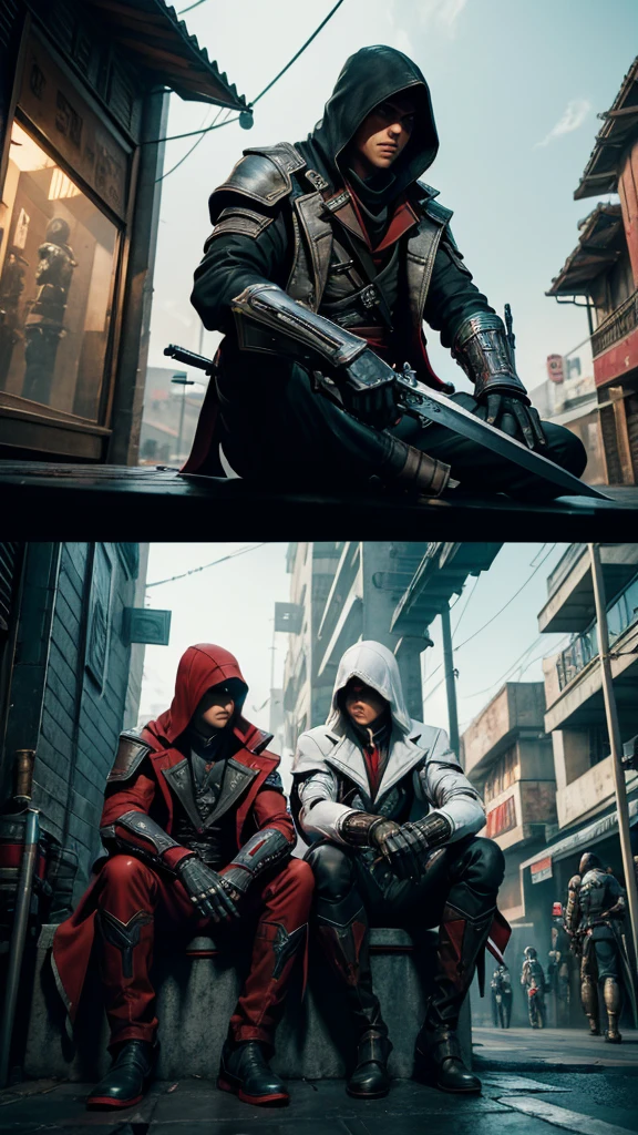 Two Cyberpunk Assassin's Creed Holding swords, Sitting on the rafters on the wall on the restaurant street on a modern street. Robots work everywhere. Modern weapons. Modern red suit. Electronic city. Modern weapons. White suit. Hold the blade. Metal robot arm. Hold the gun. Many people pass by.Cooldown. Cool pose.smoke.