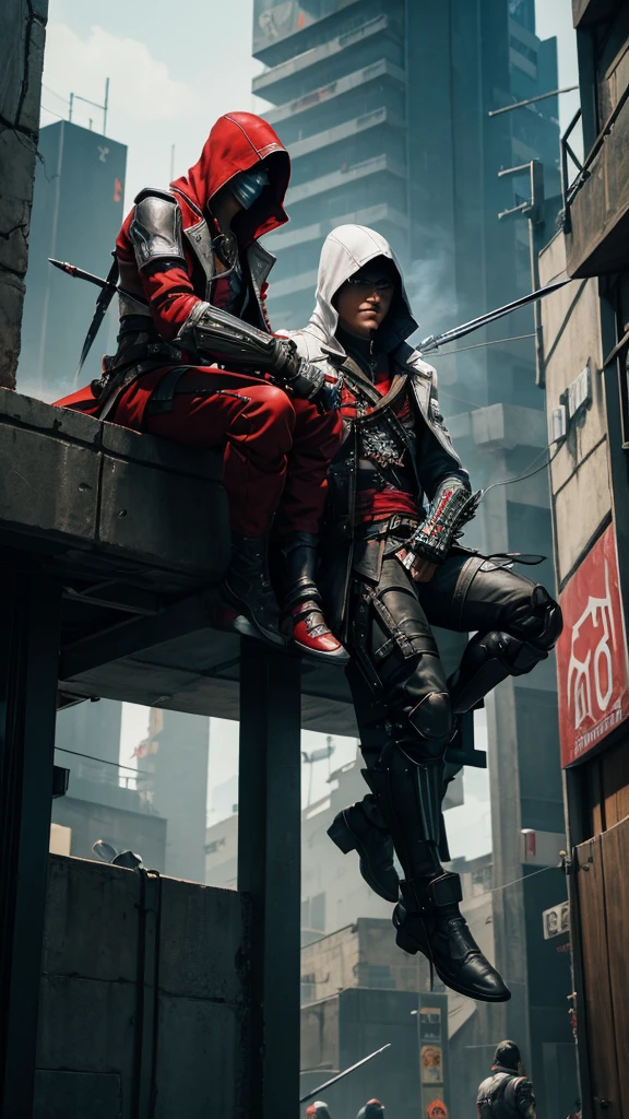 Two Cyberpunk Assassin's Creed Holding swords, Sitting on the rafters on the wall on the restaurant street on a modern street. Robots work everywhere. Modern weapons. Modern red suit. Electronic city. Modern weapons. White suit. Hold the blade. Metal robot arm. Hold the gun. Many people pass by.Cooldown. Cool pose.smoke.