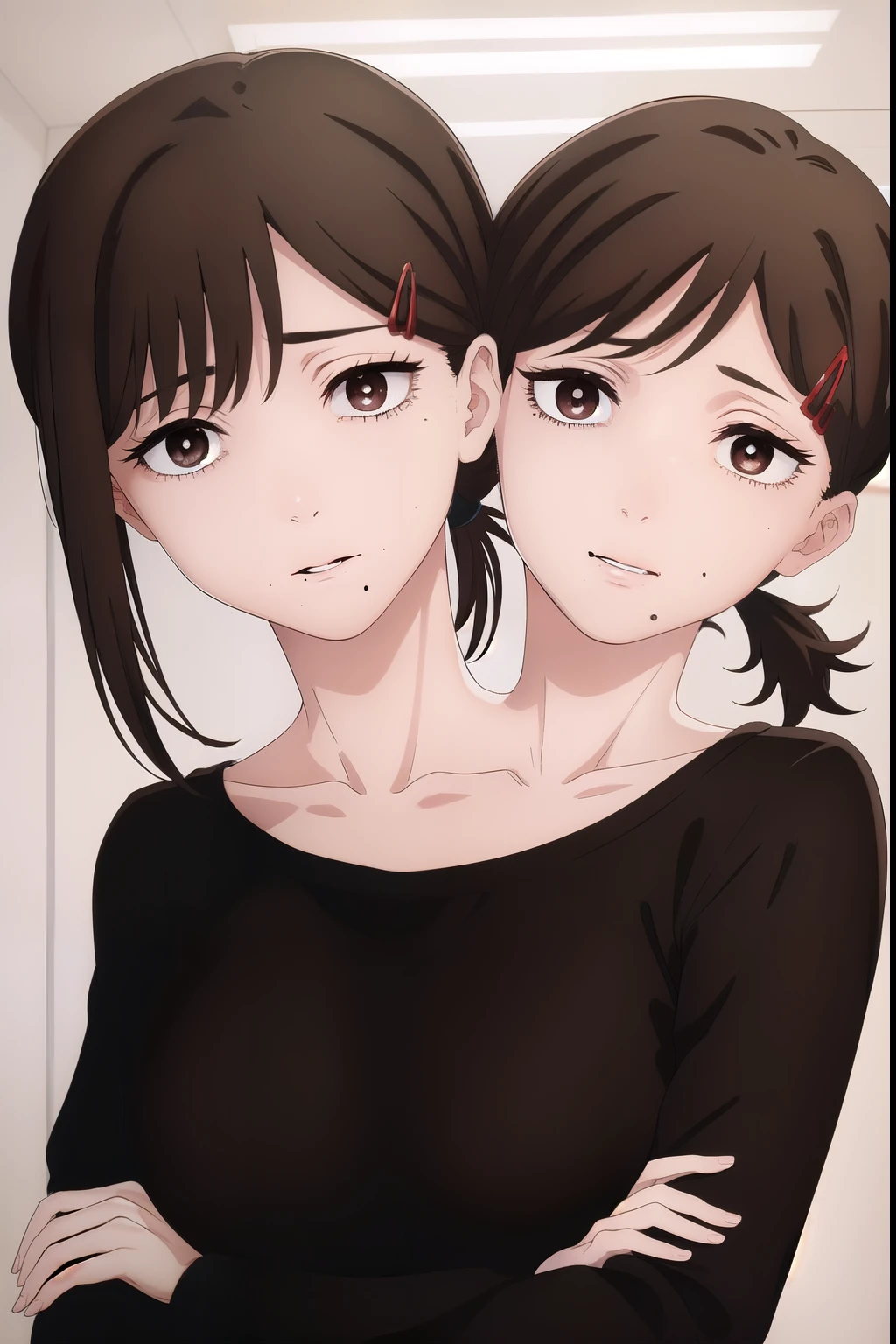 kobenihigashiyama, kobeni higashiyama, black hair, hair ornament, hairclip, mole, mole under eye, ponytail, short hair, (brown eyes:1.5),
BREAK sweater, boatneck, long sleeves, pants, collarbone,
BREAK indoors, office,
BREAK looking at viewer, upper body,
BREAK (masterpiece:1.2), best quality, high resolution, unity 8k wallpaper, (illustration:0.8), (beautiful detailed eyes:1.6), extremely detailed face, perfect lighting, extremely detailed CG, (perfect hands), conjoined_dicephalus, (two heads:1.3)