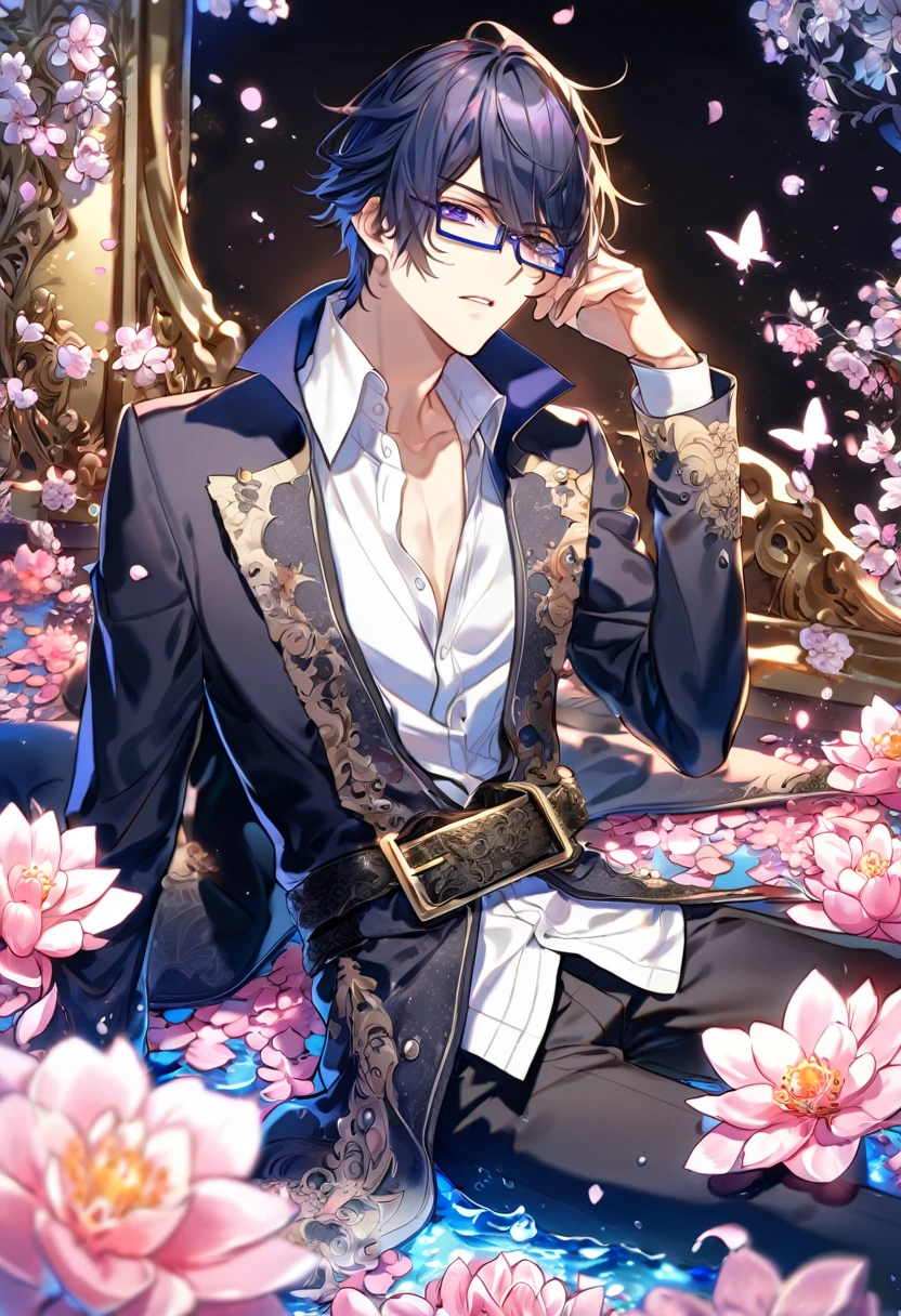 absurdres, highres, ultra detailed, HDR, master piece, best quality, Munakata Reisi, messy hair windswept, dark black blue tinted hair, expressive purple eyes, K Project, rectangular-shaped glasses, a high collared long-sleeved dark blue trench coat left unzipped from the waist down, around it, there is a black belt with a gold-colored buckle strapping the two pieces of clothing together, underneath his intricate coat, white shirt with an upturned collar, a fancy cravat, solo, sexy man, sitting, handsome, black coat, white shirt, black pants, fantasy, shining, water, pink flowers, pink blossoms, pink butterflies, pink petals