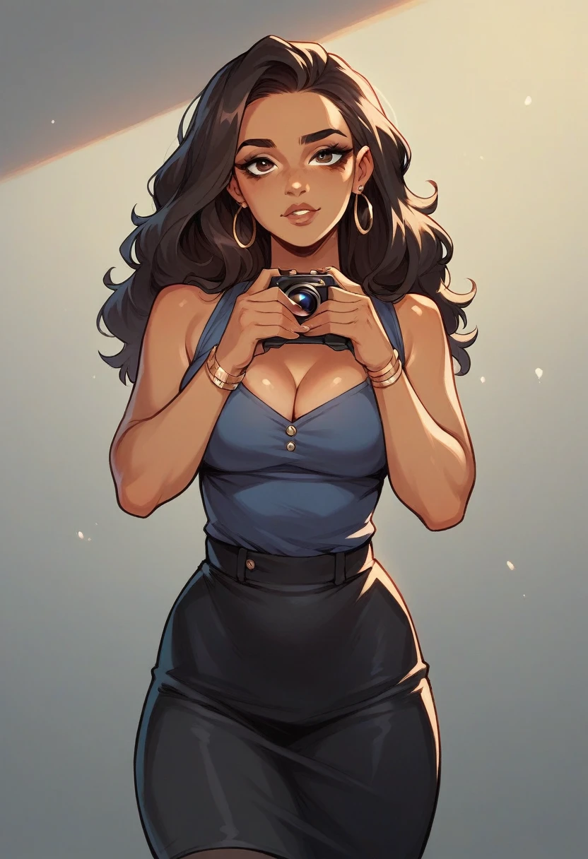 (8k, Best Quality, masterpiece:1,2), (realist, photo-realist:1,37), top quality, masterpiece, A pretty woman. urban style. The style of Latin women., dark skin with a mole near the chin, pretty eyes, by the wide, straight, negro, He wears a watch on his left hand and has a piercing in his navel., wear dark red top and jeans