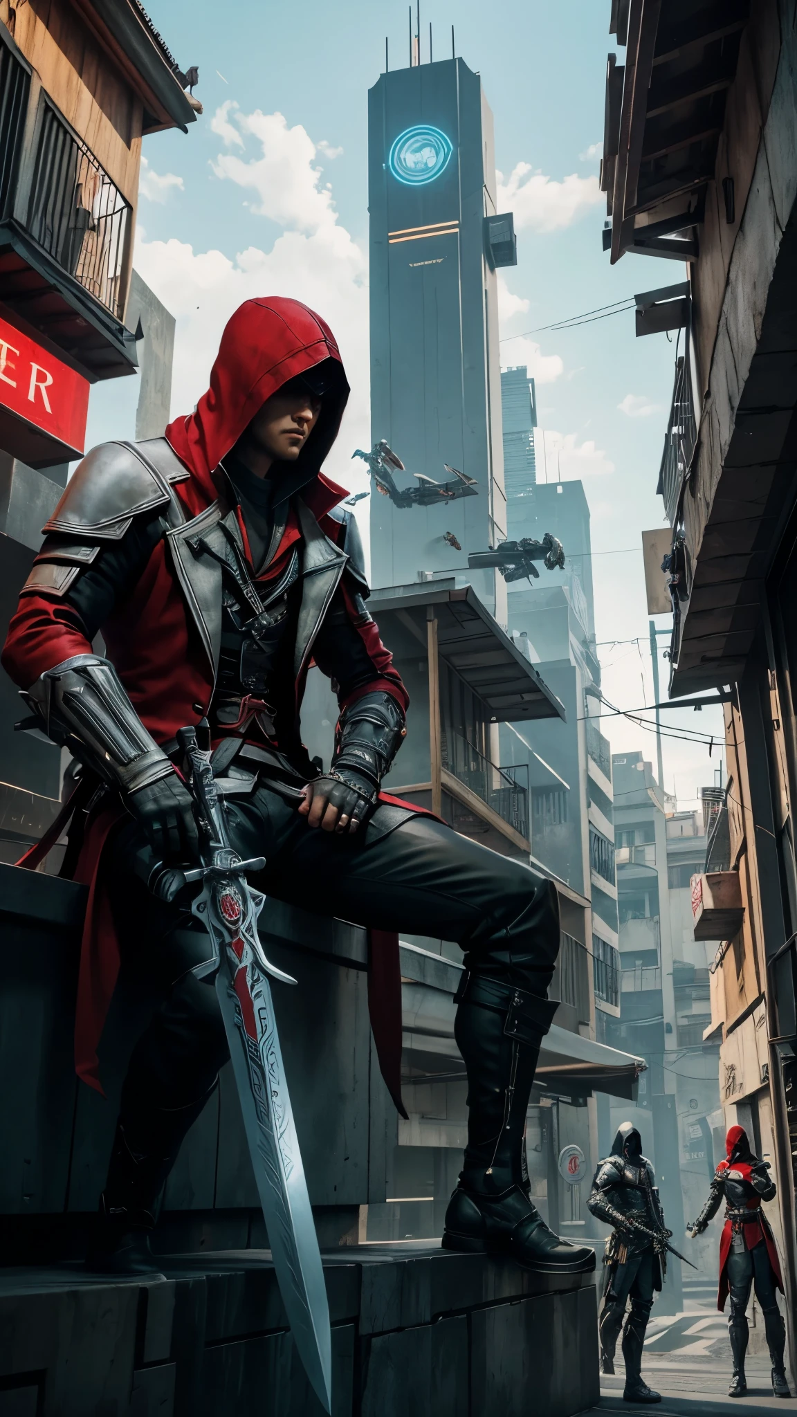 Two Cyberpunk Assassin's Creed Holding swords, Sitting on the rafters on the wall on the restaurant street on a modern street. Robots work everywhere. Modern weapons. Modern red suit. Electronic city. Modern weapons. White suit. Hold the blade. Metal robot arm. Hold the gun. Many people pass by.Cooldown. Cool pose.