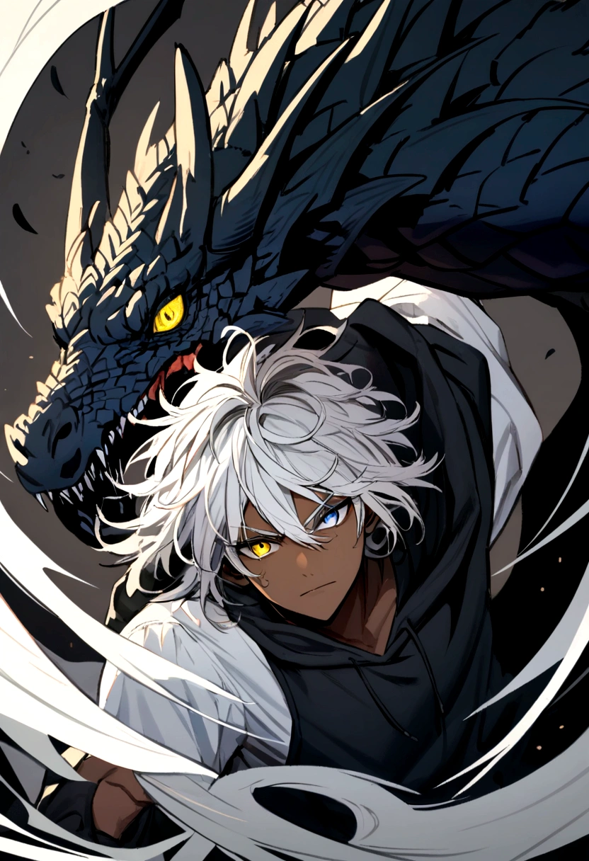 white  shirt, wearing a black hoodie , yellow and black eyes heterochromia , Calm expression, Messy hair , Medium length hair , masculine , multicolored black and white hair , two tone hair , dark skin color,  while fighting a black dragon 