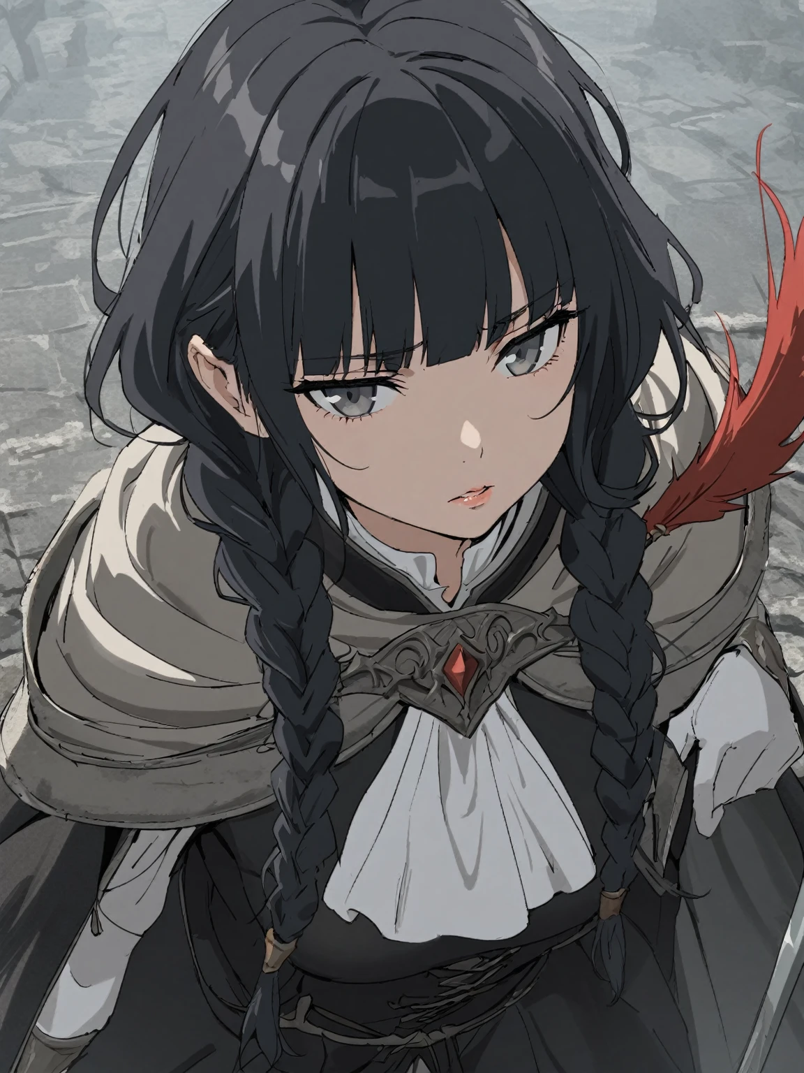{{upper body}} {{Artist: sincos}} 1girl, solo, 1girl, black coat, grey eyes, blunt bangs, expressionless, parted lips, long black hair, long juliet sleeves, twin braids, solo, gloomy, ascot, capelet, intrincate detail, white pants, white gloves, half-gloves, plume, coat, lips, fencer, medium breasts, lips, adult woman, pov, medieval fantasy.