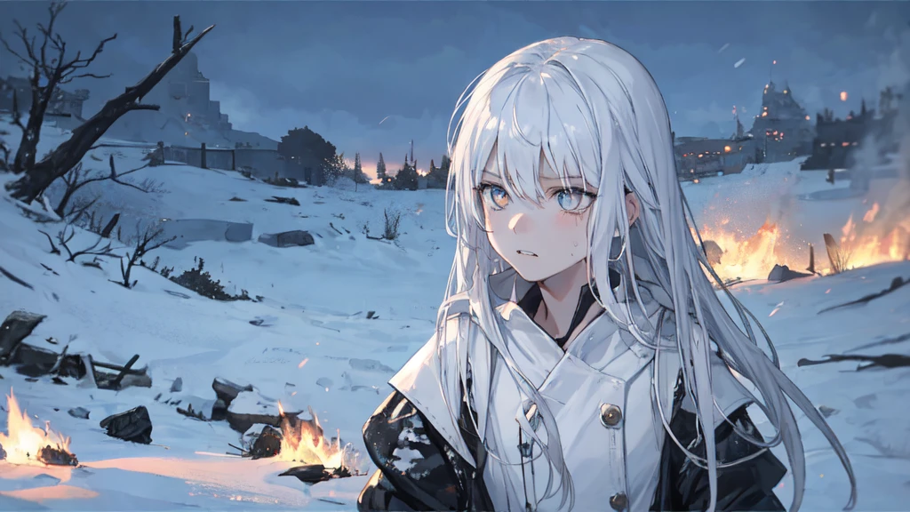 masterpiece:1.2), best quality , 独奏 ,pixiv, anime girl ，long straight white hair , black eyes ,Wearing off-white camouflage uniform ,ten years old，modern battlefield，(Eyes looking into the distance:1.3)，(look away:1.5)，snowy weather，dirty face，The background is a sea of fire with blood on the forehead，dirty face，Backlight，Bare rocky peaks ,Fierce flames are burning，The expression is sad，Grit your teeth，bullets flying
